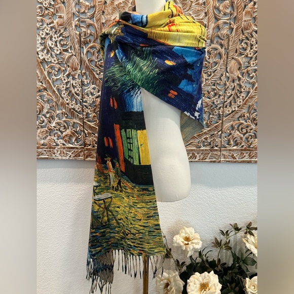 Van Gogh "Café Terrace at Night" Art Print Shaw or Scarf Warm Viscose- 72”x28.5” - Picture 2 of 13
